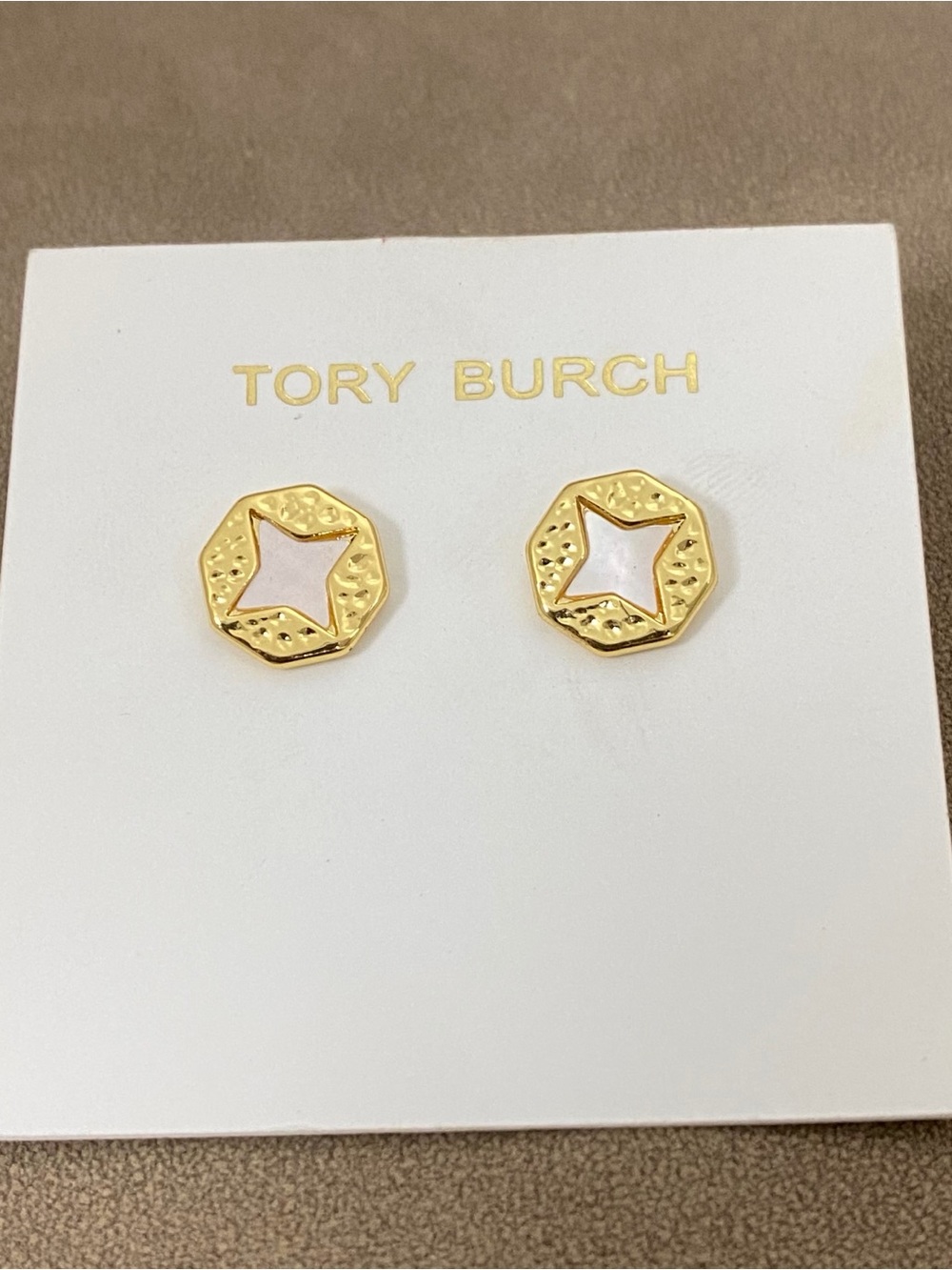 Tory Burch Gold Star Inlay Stud Earrings - Light Pink Center